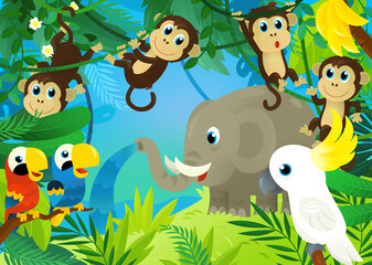 Obraz premium cartoon scene with jungle and animals being together with parrot illustration for children