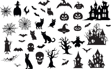 set of silhouettes for halloween design on white background simple detailed traced © shop