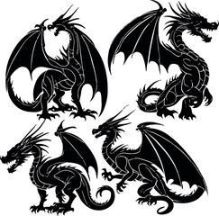 set silhouettes of dragons traced detailed