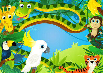 cartoon scene with jungle and animals being together with parrot illustration for children