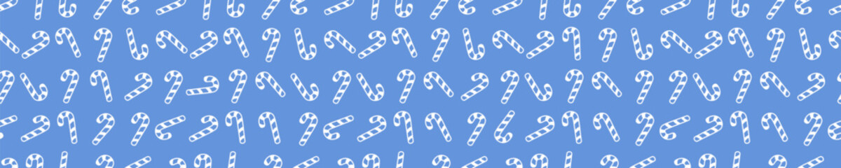 Seamless Candy Cane Pattern on Panoramic Blue Header. Vector Illustration. EPS 10.