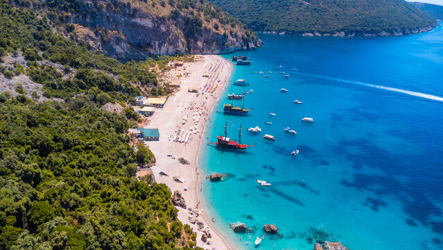  Aerial drone view of the paradise beach of Kroreza or Krorez on the Albanian riviera in Sarande, Albania