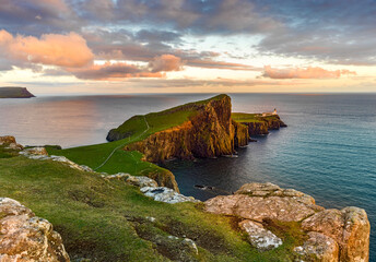 Neist Point Lighthouse,Sunset.Isle of Skye,.Inner .Hebrides,Highlands.Scotland.Great Britain.United Kingdom, UK,Europe - obrazy, fototapety, plakaty