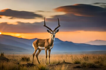 antelope in the sunset generated by AI - obrazy, fototapety, plakaty