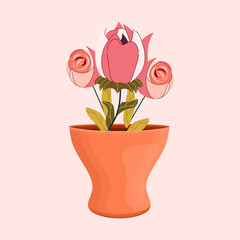 Pot of roses in a flat style. Vector stock illustration. isolated. Delicate background. Plant and leaf. hand drawn.