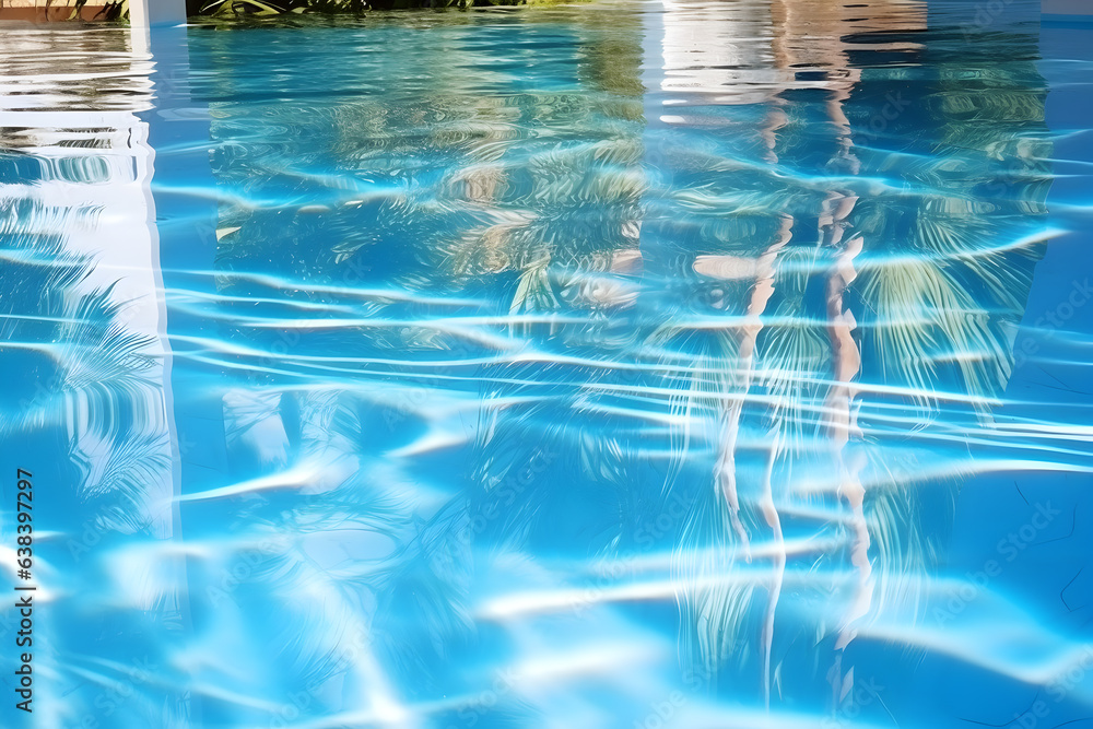 Poster high detailed close-up of blue water in the pool. side view. copy space.bokeh light ripple backgroun