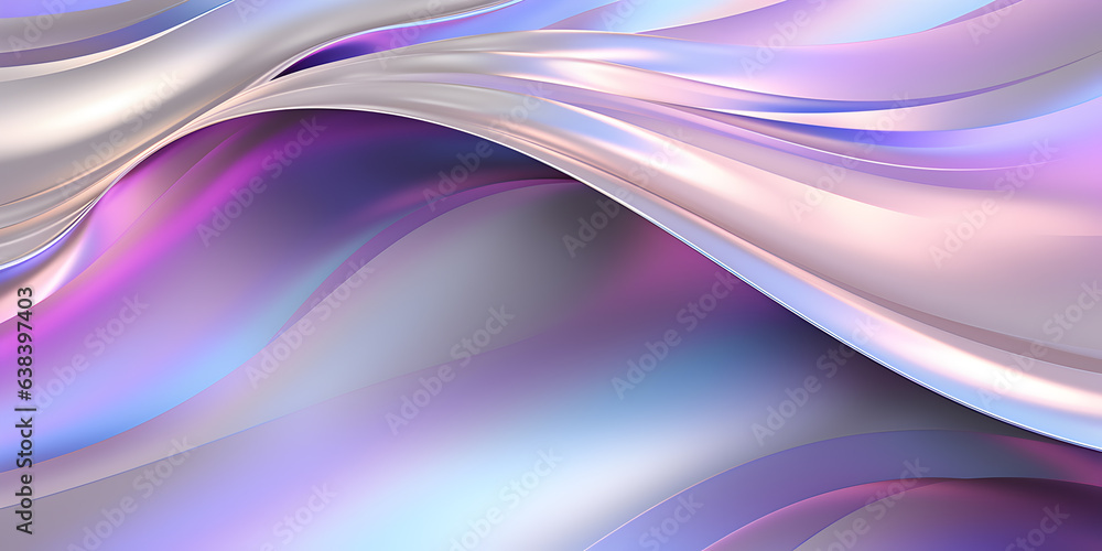 Poster 3d rendering curve silver holographic fluid liquid wallpaper. purple metal color swirl gradient mesh