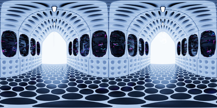HDRI map, futuristic sci-fi environment panorama background in black and light blue, 360 degree interior light source with computer panel walls, 8K, 3d equirectangular rendering
