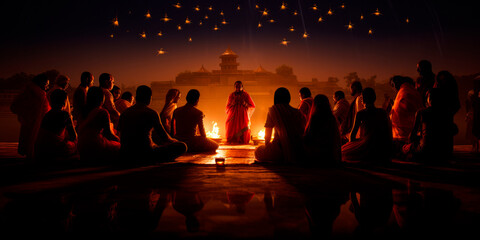 silhouetted individuals participating in a Diwali prayer and puja ceremony. Created with generative AI technology.