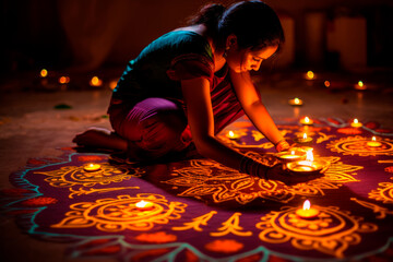 woman creating intricate rangoli patterns on the ground, creativity of Diwali. Created with generative AI technology. - obrazy, fototapety, plakaty