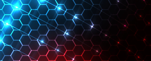 Technology banner design with hexagons abstract background.