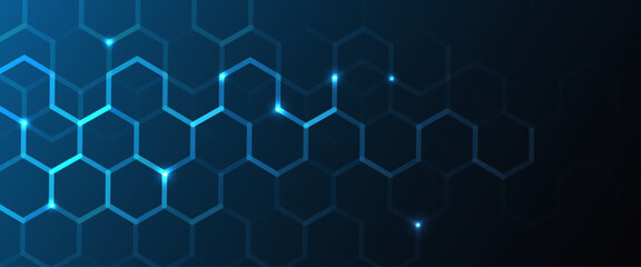 Technology banner design with hexagons abstract background.