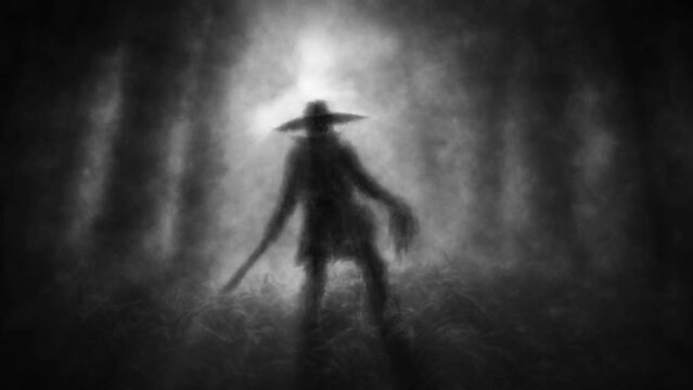Dark man in big hat with severed head 2D animation. Scary bounty hunter with machete. Ruins of an ancient temple with bones. Horror fantasy genre. Animated videoclip. Vj loop. Creepy short film.