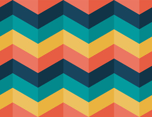Retro chevron seamless pattern. Vintage colors lines template. Sixties, seventies style colorful wallpaper. Banner design element. Trendy brochure cover. Zigzag stripes. Vector illustration. 