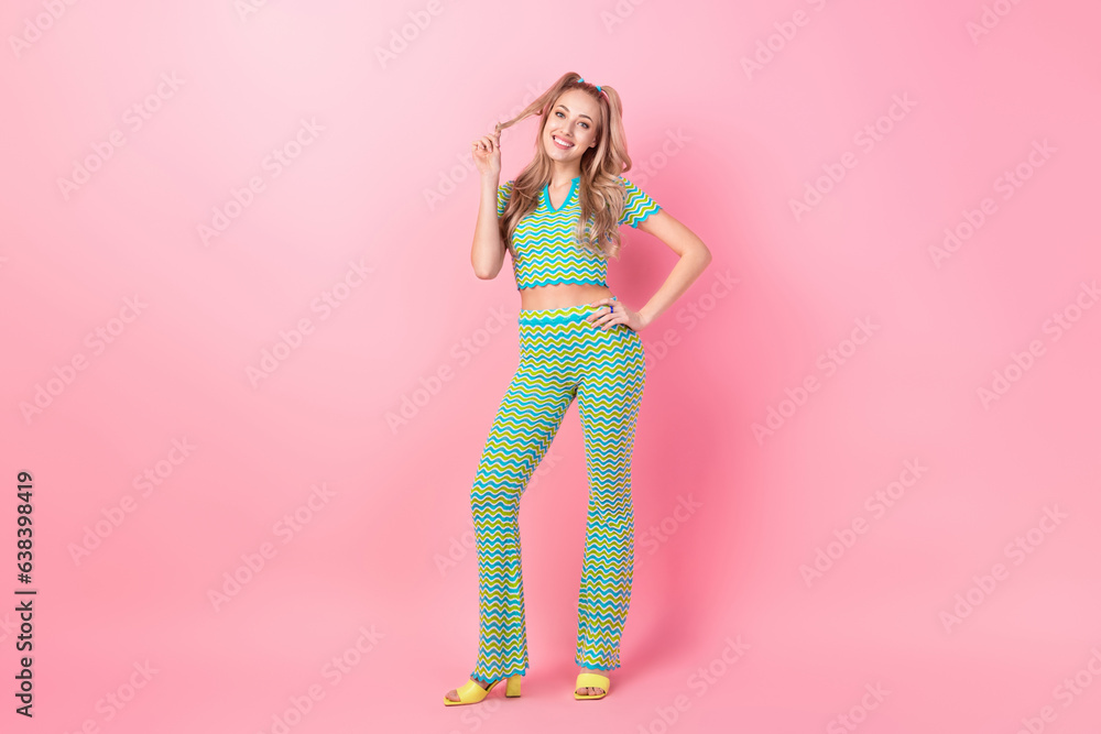 Sticker Full body photo of pretty young girl touch hair hairstyle hairdress wear trendy green print outfit isolated on pink color background