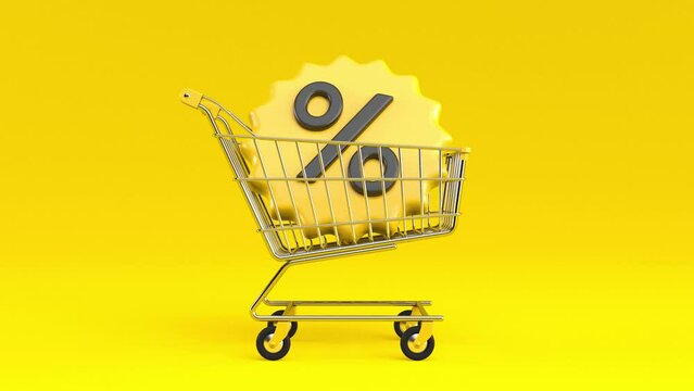 Chrome shopping cart with a percentage emblems on yellow background. The concept of promo for sales and shopping online. 3d rendering.
