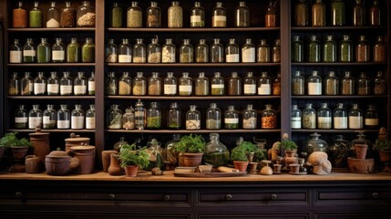 Herbal apothecary aesthetic concept. Natural dried plants herbs, spices, flowers ingredients in vintage inspired pharmacy. Organic alternative medicine. AI illustration.. - Powered by Adobe