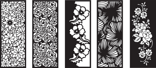Set of laser cut panel with floral pattern.Borders, fence, screen cut templates