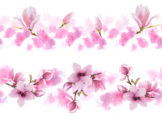 Flower Seamless border pattern Set Hand painted illustration of purple Magnolia bough.Isolated white background with pink watercolor stains.Horizontal repeating border banner, wallpaper wrapping paper