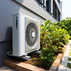 Heat pump installed in a residential building. Clean and green energy. AI generative