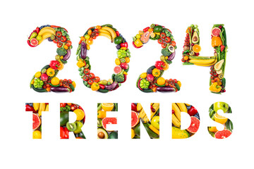 New year 2024 food trends. New year 2024 made of fruits and vegetables, fish. Healthy food. 2024 resolutions, trends, healthy eating, sustainable, goals concept, organic concept