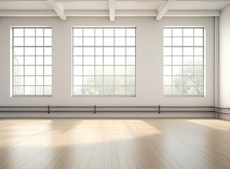 Fototapeta na wymiar White empty room with big windows and wooden floor. Loft interior mock up. Home or office blank space. high quality image.