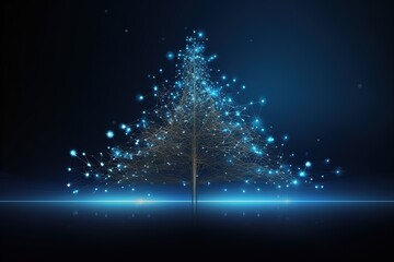 Christmas tree illustration with blue neural connect dots lines. Generative Ai.