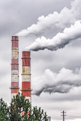 Thick white smoke from industrial factory old rusty chimneys on a cloudy grey sky background, vertical