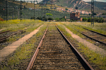 Obraz premium Rails of the Spanish conventional railway, Puertollano, Ciudad Real