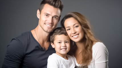Casual portrait of a healthy, attractive young family isolated over black background. 