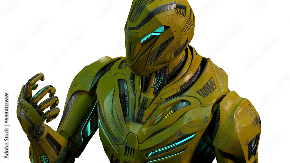 Poster detailed futuristic robot or alien cyborg looking at his hand. upper body isolated on transparent ba
