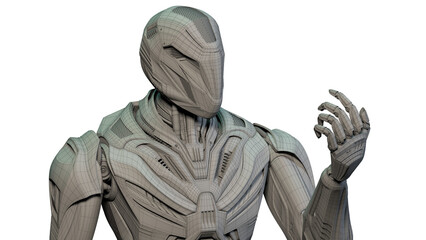 Detailed futuristic robot or alien cyborg looking at his hand. Upper body isolated on transparent background. 3D rendering