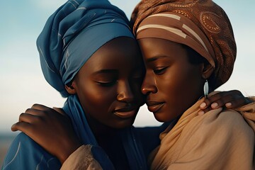 Portrait of two young black girls, girlfriends or sisters hugging.