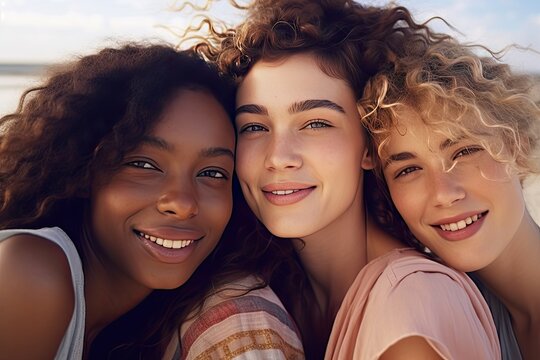 Three Beautiful Young Girls Capture A Carefree Moment With A Joyful Selfie, Embodying The Essence Of Friendship, Beauty And The Vibrant Energy Of Summer.