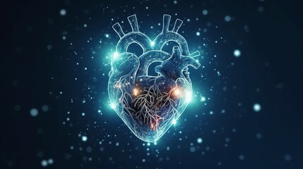 Human heart, Polygonal technology heart, background. Low poly blue, health concept, Generative ai