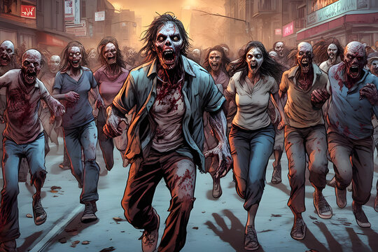 Zombie horde. Zombie apocalypse scene. Generative ai