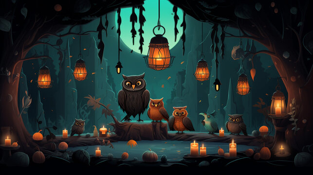 Halloween mockup set in a magical forest, where woodland creatures like owls, bats, and cats gather around a glowing cauldron. The cauldron emits a soft, colorful light