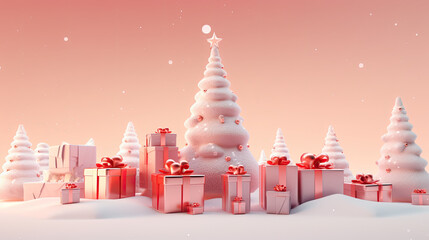 Christmas banner with trees covered in snow with beautifully wrapped presents underneath, 3D illustration, red and pink pastel color, shiny wrapping paper, AI