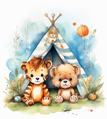 Teddy bear and teddy bear in a teepee. Watercolor illustration of children's teepee with bears.
