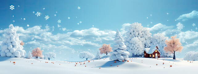 panorama winter wonderland with a charming house nestled among snow-covered trees, snowflake, unique seasonal banner, 3D christmas design, AI