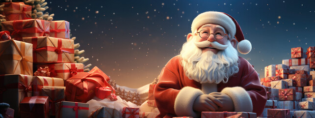 santa clause illustration 3D, standing in front of a pile of presents, lot of gift, xmas design for banner, AI