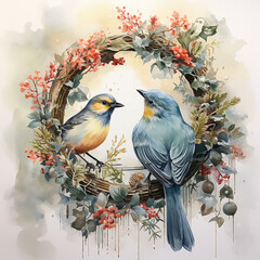 Christmas wreath with bullfinch and berries. watercolor illustration. Watercolor bird in a wreath of flowers on a white background. Beautiful watercolor illustration with a bird sitting on a wreath