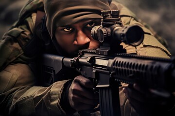 Sniper in an ambush in the forest aiming in enemy. Modern warfare concept. Soldier mercenary with a sniper rifle in the forest. Close-up.