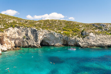 Fototapeta na wymiar Panorama of famous touristic destination porto limnionas beach in Zakynthos island in Greece. 
