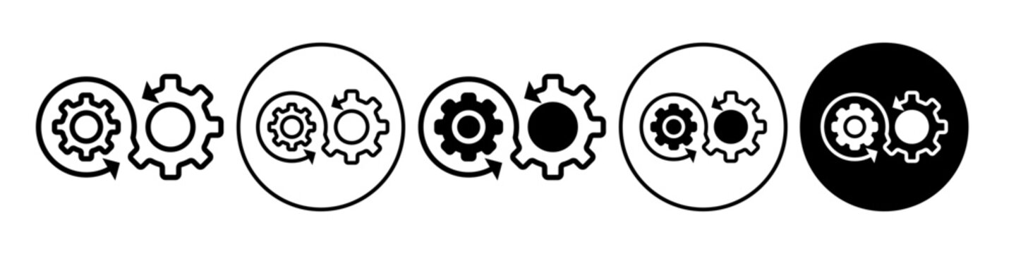 Develop Icon. Symbol of gear wheel to transmit power in mechanical industrial machine engine. Vector set of software developer optimization in progress. Flat outline of dev code operation web logo
