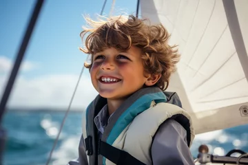 Fototapeten Portrait of a cute little boy on board of a sailing yacht © Nerea
