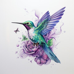 Beautiful hummingbird with flowers. watercolor painting. vector illustration. Hummingbird with floral ornament on a white background. vector illustration.