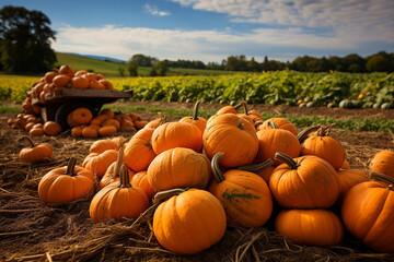 Fresh pumpkins in the farm fields. Organic and ecological food produce and harvest. Generative Ai