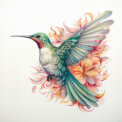 Obraz premium Beautiful hummingbird with flowers. watercolor painting. vector illustration. Hummingbird with floral ornament on a white background. vector illustration.