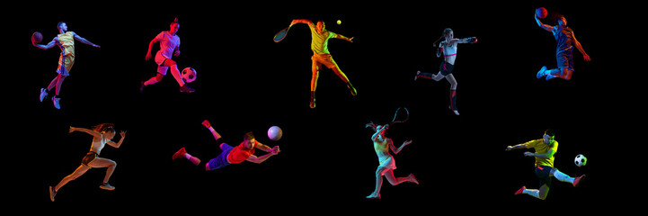 Collage. Sportive people, men and women, runner, football, tennis, basketball, volleyball players...